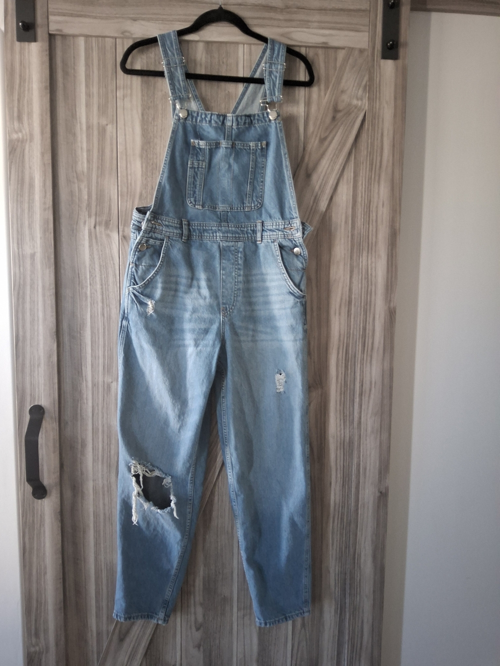 Light Blue Distressed Denim Overalls - Casual Straight Leg Jumpsuit